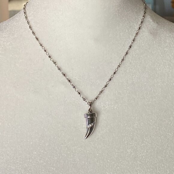 Stainless Steel Fang Necklace with Crystals, Tribal Gothic Silver Pendant - Picture 7 of 8